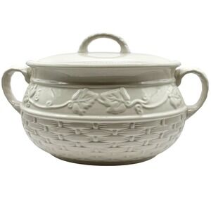 Celebrating Home White Stoneware Covered Bean Pot Toreen Basket Weave